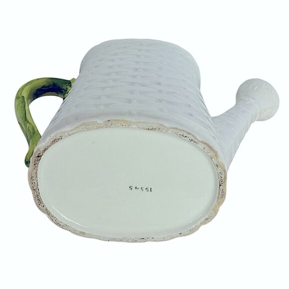 Vintage Basket Weave Ceramic Watering Can Planter Numbered Multi Use White Green - Picture 9 of 16